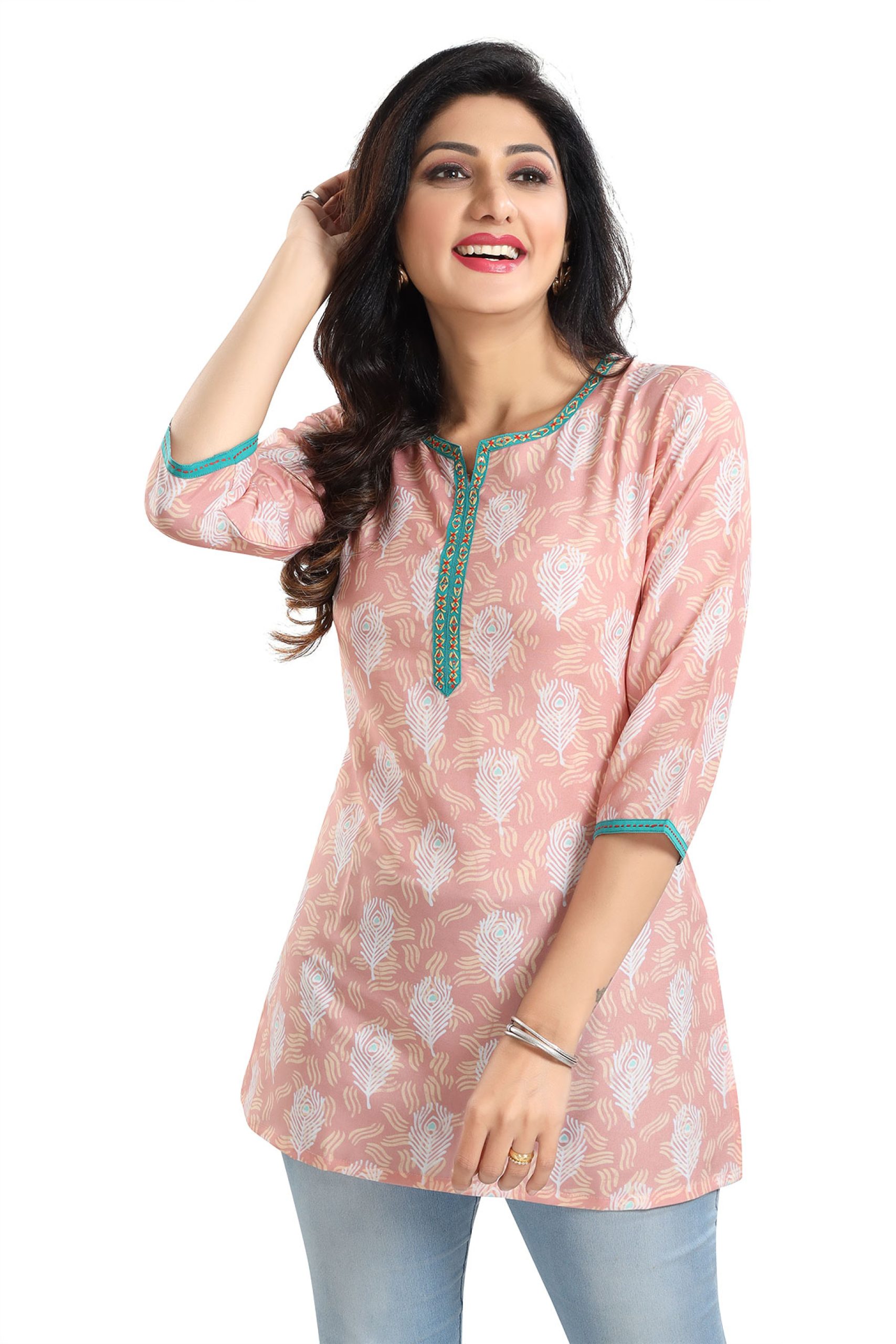 Pretty Pastel Peach Rayon Short Kurti Tunic Top