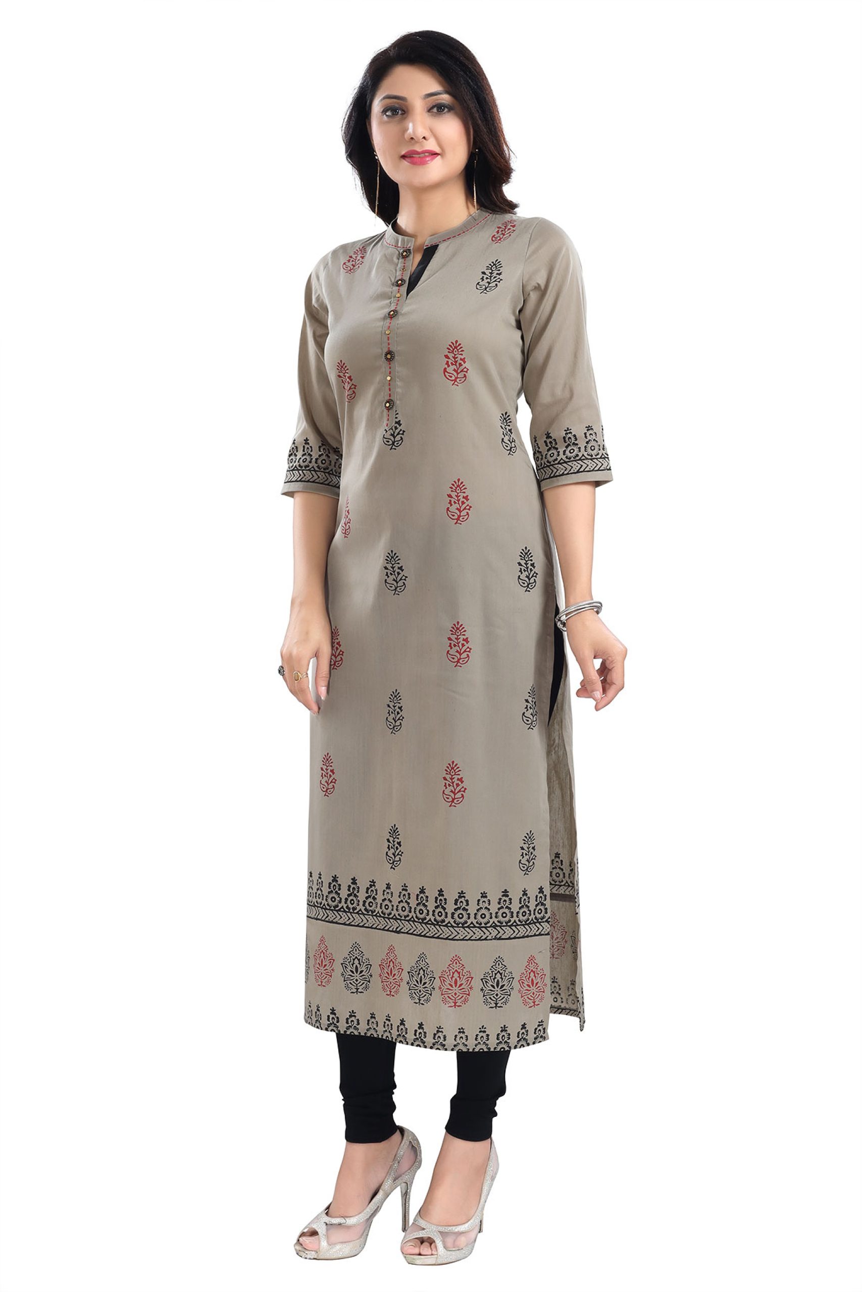 Grey Cotton Digital Printed Pakistani Kurti With Rayon Pant