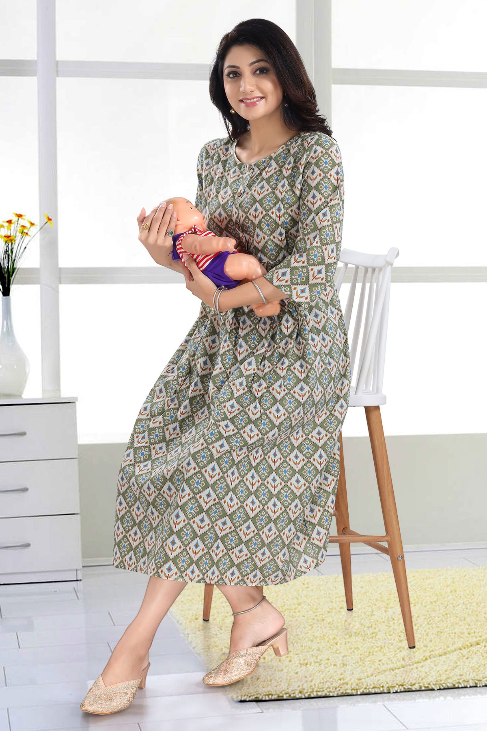 White printed cotton maternity nursing feeding kurti 