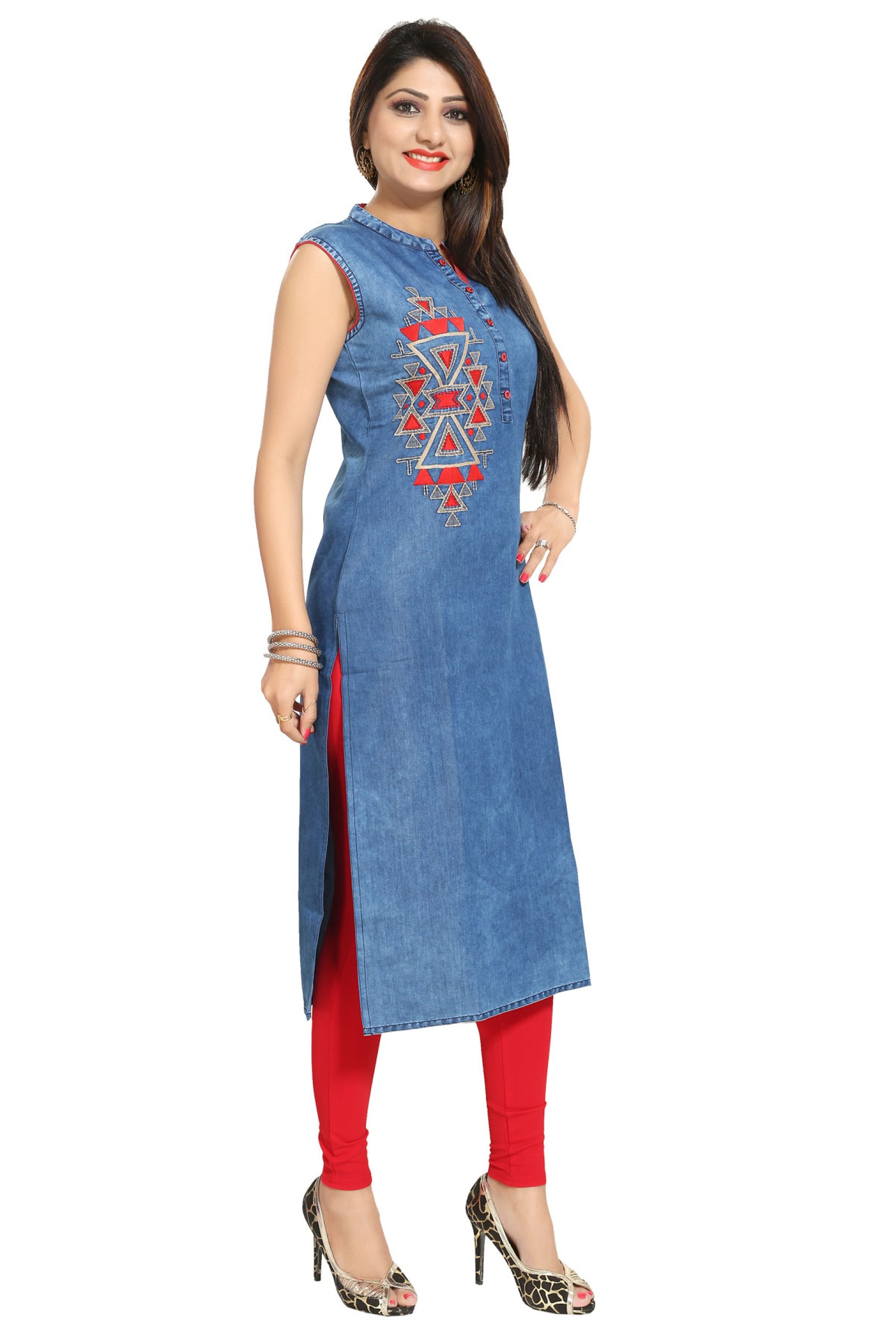 Blue Long Knitted Denim Kurti with Embroidery-22WLk0672-4 – Lakshita